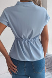 Casual Solid Color Draw String Buttons Mandarin Collar Tops