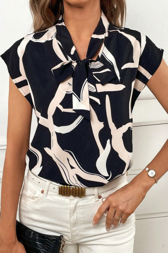 Casual Geometric Print Lace Up Contrast Tops