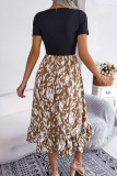 Casual Leopard Patchwork Flounce Contrast O Neck Short Sleeve Short Sleeve Dress