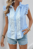 Daily Stripe Lace Buttons Mandarin Collar Tops