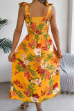 Vacation Flowers Print Lace Up Square Neck Sling Dresses