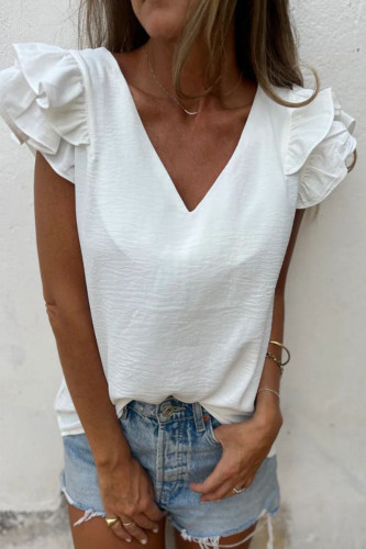 Daily Solid Color Flounce V Neck T-Shirts