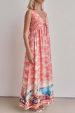 Casual Landscape printing Lace Up Contrast V Neck Sleeveless Dresses