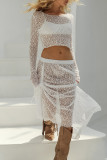 Sexy Solid Color Lace Draw String See-Through O Neck Long Sleeve Two Pieces
