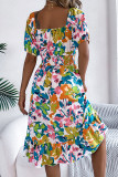 Vacation Floral Print Ruffle Contrast Square Neck A Line Dresses