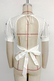 Casual Heart Shaped Embroidered Hollow Out Lace Up Backless Square Neck Tops
