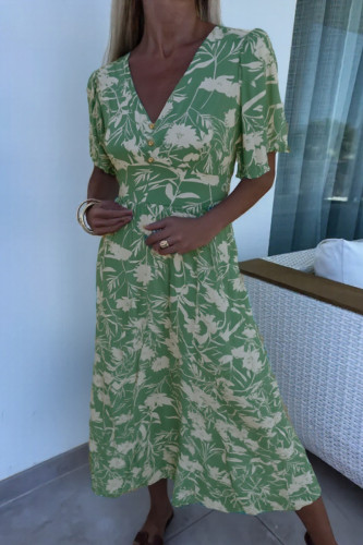 Elegant Floral Print Buttons Patchwork V Neck A Line Dresses
