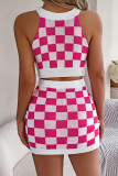 Sexy Plaid Weave Contrast Halter Sleeveless Two Pieces