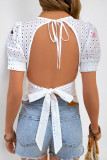Casual Heart Shaped Embroidered Hollow Out Lace Up Backless Square Neck Tops