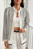 Casual Stripe Buttons Contrast Mandarin Collar Tops