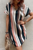 Casual Stripe Patchwork Contrast V Neck Short Sleeve Short Sleeve Dress