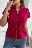 Casual Solid Color Draw String Buttons Mandarin Collar Tops