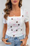 Casual Heart Shaped Embroidered Hollow Out Lace Up Backless Square Neck Tops