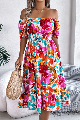 Vacation Floral Print Ruffle Contrast Square Neck A Line Dresses