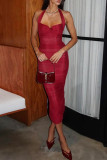 Sexy Solid Color Lace Up Mesh Halter One Step Skirt Dresses
