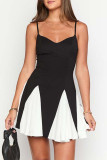 Casual Solid Color Patchwork Contrast V Neck Sling Dresses