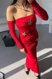 Sexy Solid Color Metal Accessories Trim Ruched Off Shoulder One Step Skirt Dresses(Metal buckle flower)