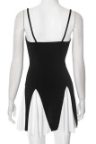 Casual Solid Color Patchwork Contrast V Neck Sling Dresses