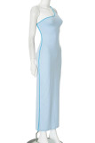 Casual Solid Color Patchwork Strap Design Oblique Collar Irregular Dresses