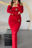 Sexy Solid Color Metal Accessories Trim Ruched Off Shoulder One Step Skirt Dresses(Metal buckle flower)