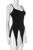 Casual Solid Color Patchwork Contrast V Neck Sling Dresses