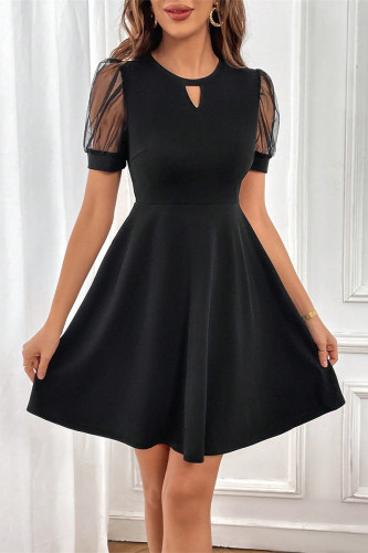 Elegant Solid Color Mesh O Neck A Line Short Sleeve Dress