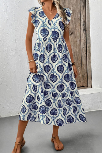 Casual National Totem Print Flounce V Neck A Line Dresses