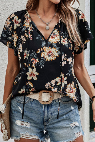 Casual Floral Print Lace Up V Neck T-Shirts