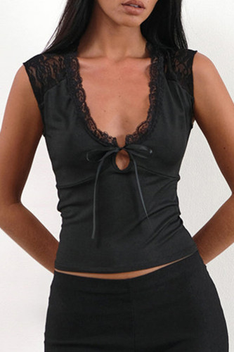 Sexy Solid Color Lace Lace Up V Neck Tops