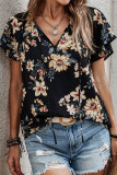 Casual Floral Print Lace Up V Neck T-Shirts