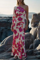 Elegant Floral Print Irregular Contrast Sloping Shoulder Printed Dresses