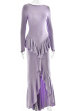 Elegant Solid Color Backless Flounce O Neck Long Dresses