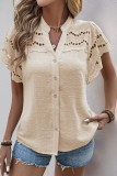 Casual Solid Color Jacquard Hollow Out Buttons Fur Ball V Neck Tops
