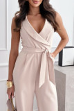 Casual Solid Color Pocket Lace Up V Neck Jumpsuits