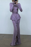 Elegant Solid Color Backless Flounce O Neck Long Dresses
