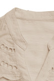 Casual Solid Color Jacquard Hollow Out Buttons Fur Ball V Neck Tops