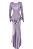 Elegant Solid Color Backless Flounce O Neck Long Dresses