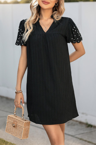 Casual Solid Color Beading Pleated V Neck Short Sleeve Short Sleeve Dress