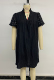Casual Solid Color Beading Pleated V Neck Short Sleeve Short Sleeve Dress