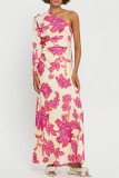 Elegant Floral Print Irregular Contrast Sloping Shoulder Printed Dresses