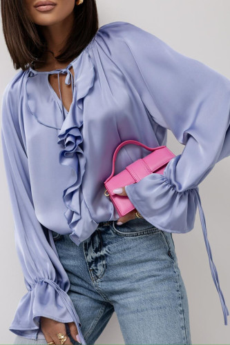 Casual Solid Color Lace Up Flounce O Neck Tops