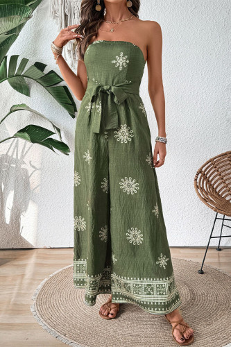 Vacation Snowflakes Print Lace Up Zipper Strapless Loose Jumpsuits