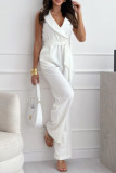 Casual Solid Color Pocket Lace Up V Neck Jumpsuits