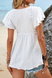Casual Solid Color Hollow Out Lace Up Flounce O Neck Tops