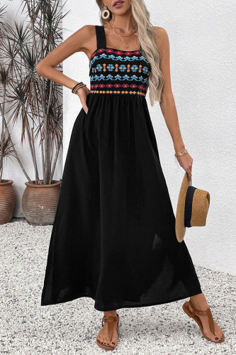 Vacation Flowers Embroidered Slit Square Neck Sling Dresses