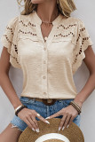 Casual Solid Color Jacquard Hollow Out Buttons Fur Ball V Neck Tops