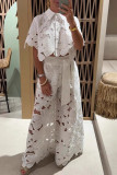 Casual Flowers Hollow Out Pocket Buttons Turndown Collar Short Sleeve Two Pieces