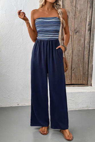 Sexy Stripe Pocket Weave Contrast Strapless Loose Jumpsuits
