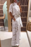 Casual Flowers Hollow Out Pocket Buttons Turndown Collar Short Sleeve Two Pieces