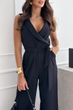 Casual Solid Color Pocket Lace Up V Neck Jumpsuits